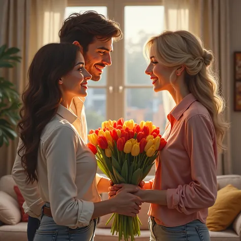 Create a picture in hyperrealism style,  background white, young ren and husband congratulate their mother on March 8 with a bouquet of tulips,  in the living room in a cozy house