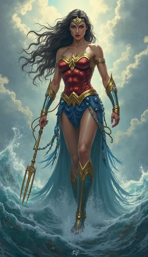 Wonder Woman Queen of the Seas — A majestic and sovereign version of the heroine, now supreme ruler of the oceans. Her armor is made of gleaming golden scales, reflecting the sunlight that crosses the surface of the sea. Her tiara was transformed into a co...