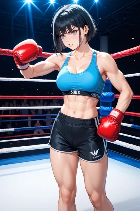 Women's 18 years old ，skin white and light，Cool and elegant， Black Long Straight Hair，C cup，156 cm， Black Lace，black hot pants，boxer，Nationality is Japan，Knocked down on a boxing ring