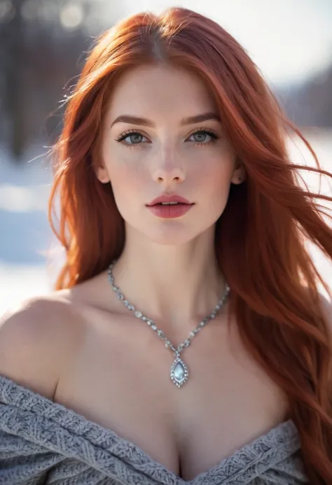 1 young French woman, 2, bare shoulders, blurred background, breasts, winter clothing, long red hair, very long hair, day, depth of field, jewelry, lips, sex, looking at viewer, necklace, outdoors, lips joined, realistic, short hair, single, upper body, so...