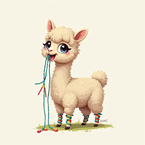 Alpaca drawn biting some string bracelets 