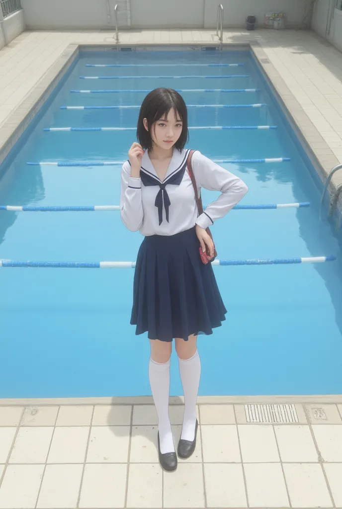 1 girl,
 school uniform、 skirt、white high socks
school pool