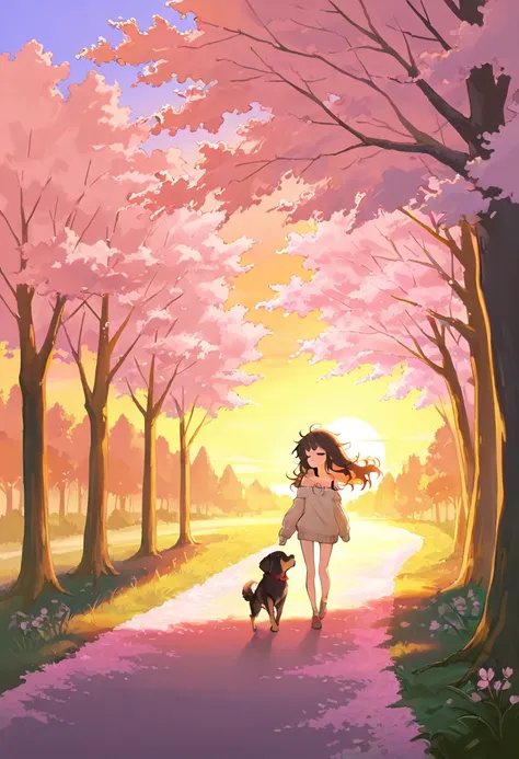 1girl, solo, loli, dog girl,
, long hair, messy hair , cleavage, off-shoulder sweater, floating hair, 
go home, evening, Walking with Puppy, 
happy, 

spring, Sunset, Sunlit Cherry blossoms Forest, 

Walking in the Wind, 

facing to the side, wide shot, 
b...