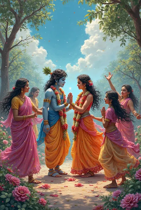 A Holi scene with radha krishna and Gopi for devotion satsang with mentioned date 07/03/25