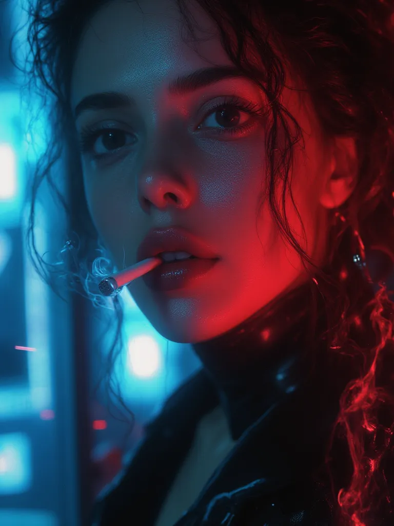 "A striking young woman stares ahead, confidence carved into her sharp features. A cigarette smolders between her lips, its smoke curling like secrets in the air. Shadows and neon light dance across her face, highlighting the sleek suit, the subtle scar, t...