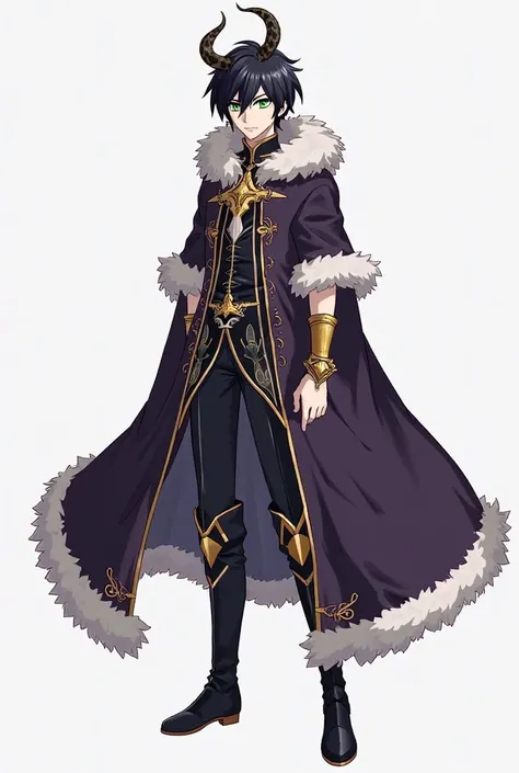 An male anime style character with black hair, white skin, and green eyes. Wearing a long dark purple cape with white fur trim that doesn’t fully cover their arms. Their outfit features gold accents, black boots, and gold bracelets on both wrists. They hav...