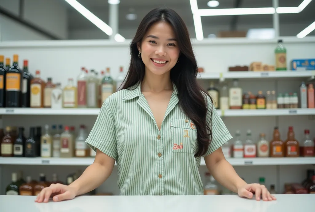 A picture of a beautiful Thai woman with long black hair and big breasts, wearing a short-sleeved shirt with a collar, unbuttoned, and a wide chest opening, with a front pocket on the left side, light green with small, dense, long vertical lines of dark gr...