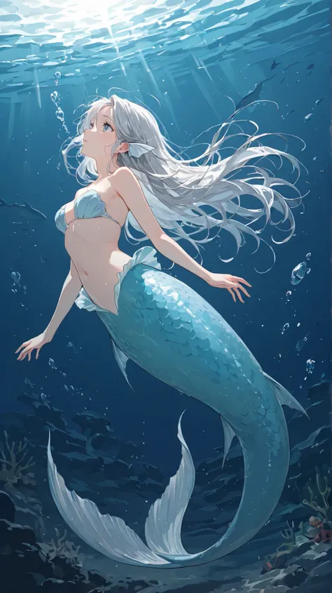 A girl, Solo, ((mermaid, mermaid 귀, webbed,)), blue tone, (( silver hair)), (( long hair)), Under the sea, depiction of sunlight entering the water, air bubble,  anatomically perfect,  masterpiece, top quality, high detail with stars,  High Quality ,  very...