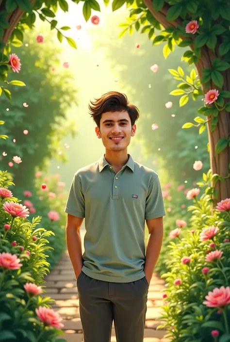 A young man in a garden smiles