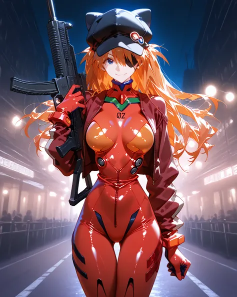    masterpiece, top quality,     vibrant, very aesthetic,     latest,  
medium breasts,  Neon Genesis Evangelion、       woman 1 person、 、Su Long Aska Langley 、 orange hair、     blue eyes、     eye patch     、 Black Hat、 Red Jacket、     red plug suit、( Red J...