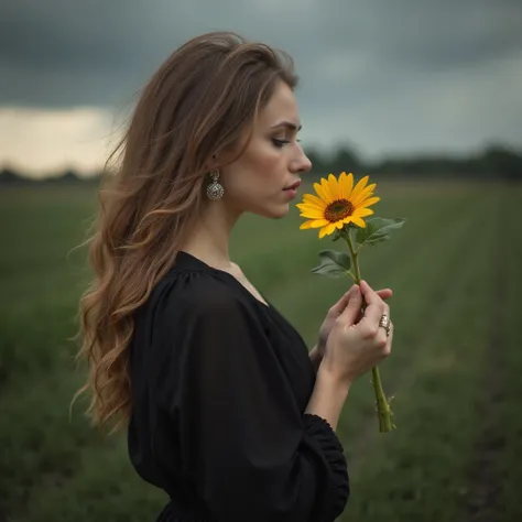  Light brown-haired woman, up to the shoulder, holding a small sunflower flower in your hands, as if it were smelling.
This woman is wearing a black dress and on her side.
The image appears from afar in the middle of the storm.