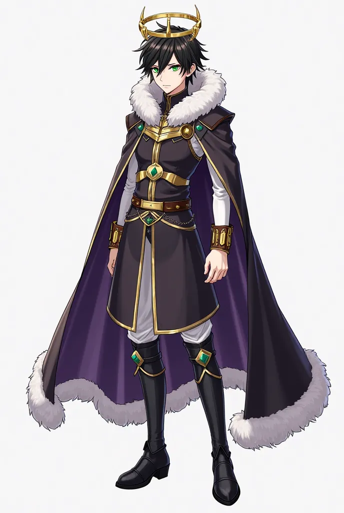 An male anime style character with black hair, white skin, and green eyes. Wearing a long dark purple cape with white fur trim that doesn’t fully cover their arms. Their outfit features gold accents, black boots, and gold bracelets on both wrists. They hav...