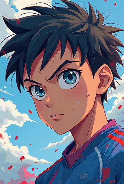 A portrait of a soccer player in the style of the anime Blue Lock, with sharp, angular geometric shapes and vibrant, stylized colors. The character has intense, focused eyes, and a dynamic expression, with geometric patterns and bold lines. The design shou...