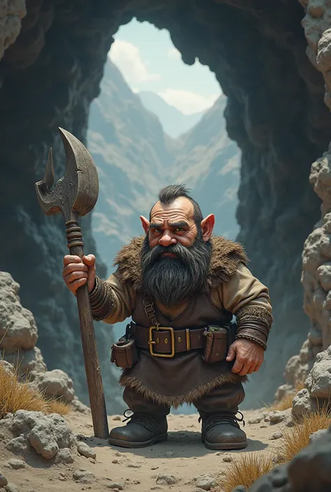 I want you to play a dwarf who is shy and his clothing is that of a miner but is only clutching a pick, Also that it is outside the cave