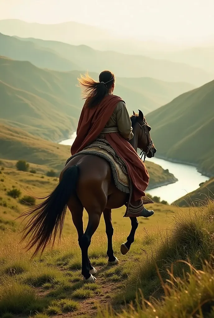 
"A Turkmen warrior, dressed in traditional old Turkish clothing, rides a strong and majestic horse through a green valley. His long beard flows in the wind as he looks ahead toward the vast landscape. The scene is captured from behind, showing his back an...