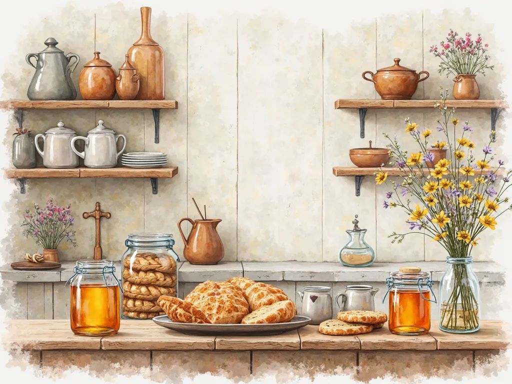 A vintage watercolor kitchen scene with rustic wooden shelves, ceramic mugs, jars of honey, fresh-baked bread, and wildflowers in glass bottles