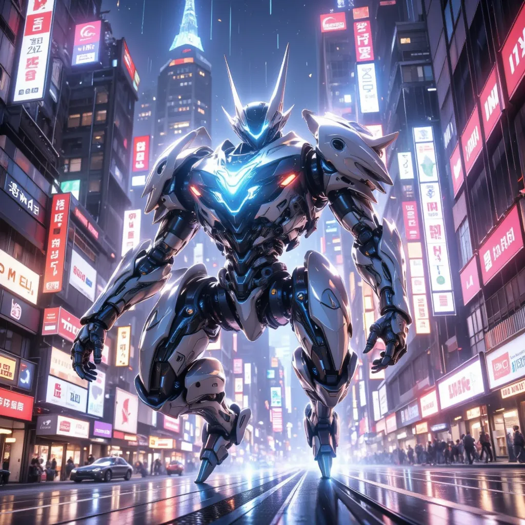 The background is Tokyo, a futuristic city with neon skyscrapers。Tachikoma from Ghost in the Shell is speeding down the road。