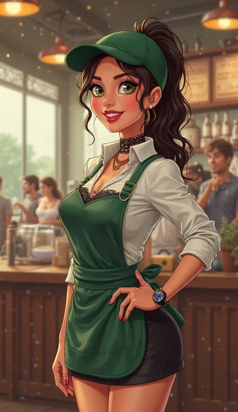 A full body realistic adult cartoon image of a beautiful Latina girl barista, aged 43, flirting with the cameraman. She's wearing a tight black mini skirt, a white button down shirt, a lacy black choker, black heels and a smartwatch, under a green apron an...