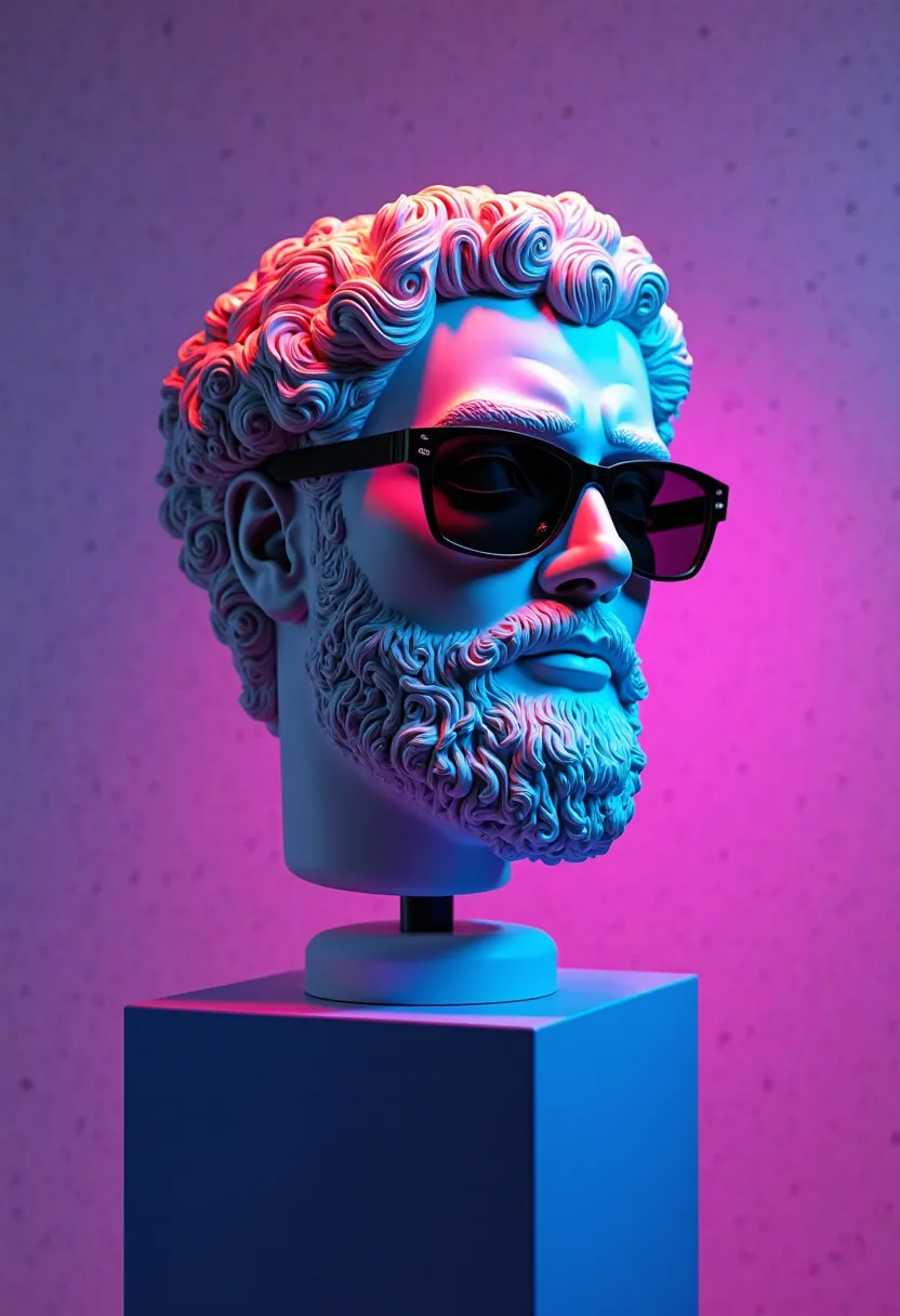 A Greek head on a pedestal, pop art style with sunglasses, in realism, with a good haircut and beard, in the background lights purple and blue 