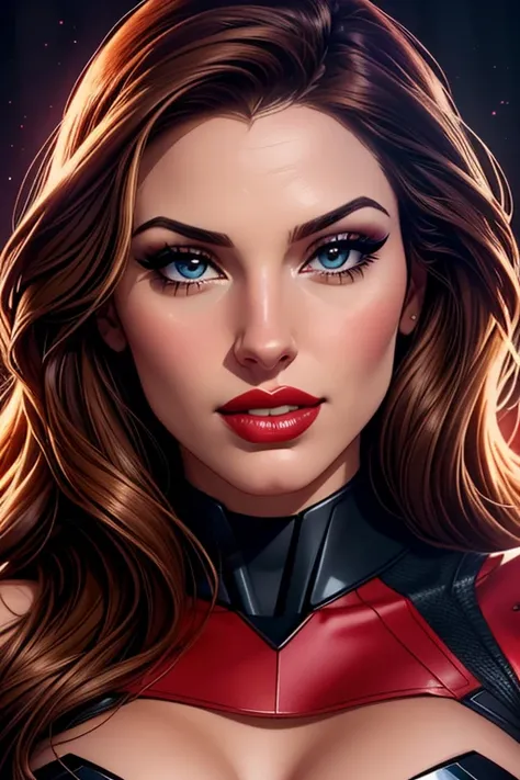 A beautiful female whose facial features are a combination of Juliana Harkavy + Ana Cheri + Kelly Brook. The female has lovely makeup on her face. The female wears red lipstick. Comic-style realism animation mixed with digital painting. Polished and realis...