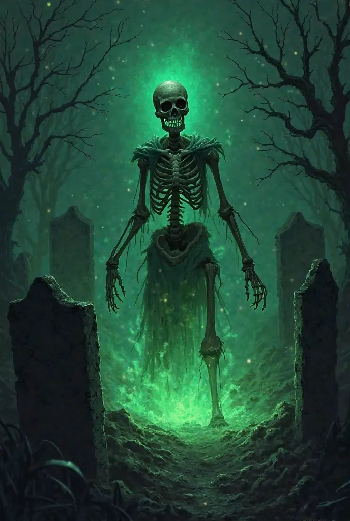 Green skeleton comes from grave in dark night