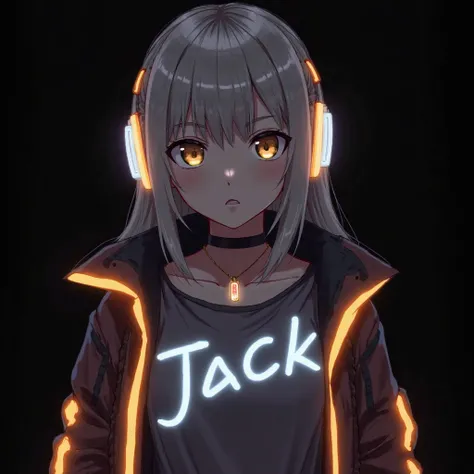 An anime-style girl, centered in the image, wears a futuristic jacket with neon orange and white lights.  She has long, light-gray hair and expressive, light-yellow eyes.  Her facial expression is serene, almost thoughtful.  Her body type is slender, with ...