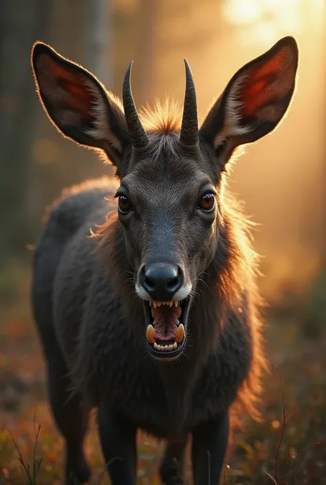 A terrifying close-up portrait of a Serow showcasing its fierce and dangerous expression. The image should emphasize its powerful features—sharp teeth, piercing eyes, and an intimidating posture. The background is brite sunlight  and dramatic, enhancing th...