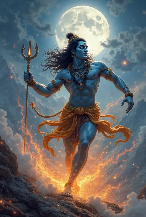 "Lord Shiva performing the fierce Tandava dance under a moonlit sky, surrounded by glowing celestial beings."

"A storm rages as Shiva dances in cosmic fury, his third eye blazing and the Ganga flowing from his matted locks."

"Shiva’s Tandava echoes throu...