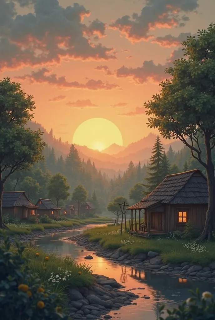 1. *Scene 1: The Village at Dusk*
   - Description: A tranquil village scene with the sky turning a soft orange as the sun sets. The houses are small, and there's a calm river in the background.
   - Visual Focus: A small, modest home in the distance. A se...