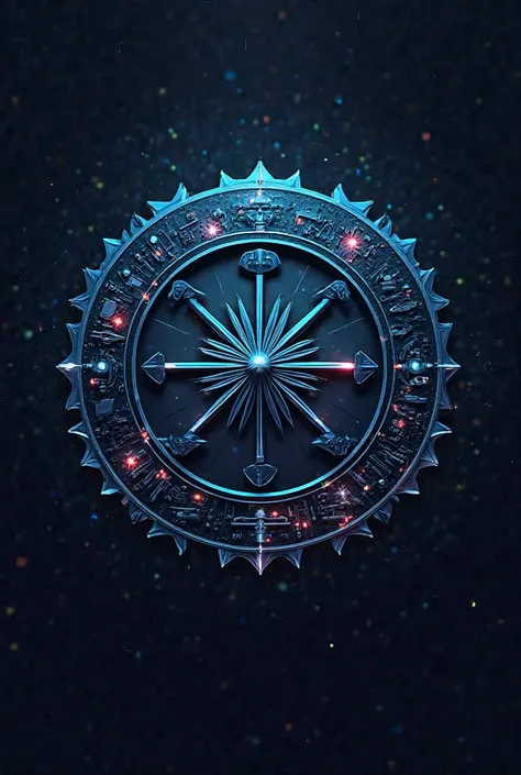 
"Create a modern, high-tech emblem representing the integration of disruptive technology in the Indian Army. The design should feature a central motif of the Ashoka Chakra, surrounded by symbols of land, air, sea, space, and cyber warfare. Elements like A...