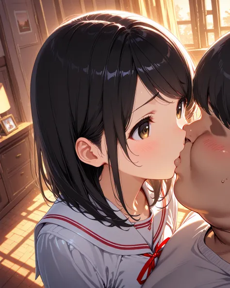 masterpiece, best quality, high quality, highres,

black hair, medium hair, swept bangs, tareme, Round face, cute face,

white sailor uniform, red ribbon,

indoors, in the evening, furrowed brow,

1girl and 1 faceless fat man, kiss,

High Angle view Close ...