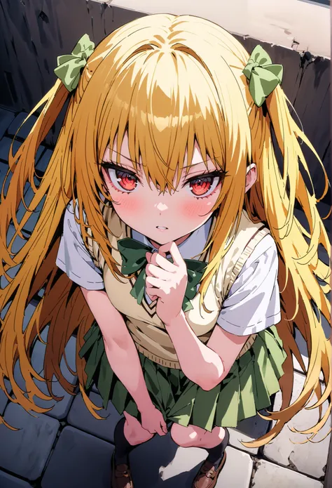  score_9,  score_8_up,  score_7_up,  source_anime,
toloverudarkness, darkness,   yellow hair  ,  long hair, red eyes, hair ornaments close to the garden, two side up,
Sainan school uniform,  shirt, white  shirt, bow, green bow,  skirt, green  skirt, pleate...