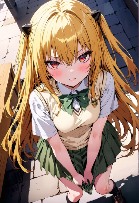  score_9,  score_8_up,  score_7_up,  source_anime,
toloverudarkness, darkness,   yellow hair  ,  long hair, red eyes, hair ornaments close to the garden, two side up,
Sainan school uniform,  shirt, white  shirt, bow, green bow,  skirt, green  skirt, pleate...