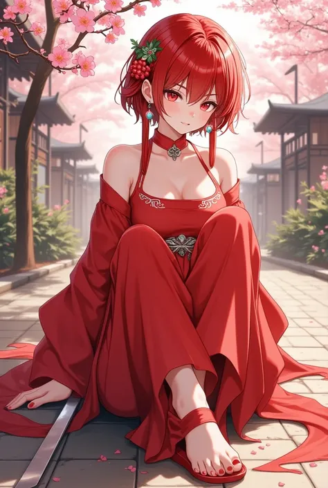 ( masterpiece:1.2), is best,CG,3d, Samurai Girl,
1 Sister,  red eyes, Earrings and Nipple Rings, alone, Hair Color, Jewel-like,  watching viewert,  blurry,  full body girl ,  through bangs , Redhead clothes, jacket,  sits on the ground,  blurry背景, , Short ...