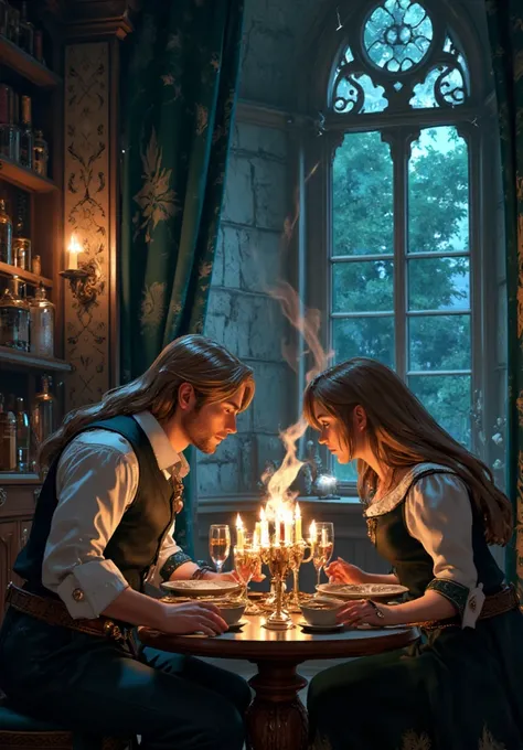  Create a movie-style movie poster , fantasy genre,  man and woman are having dinner, double exposure, frame in frame, magic all around