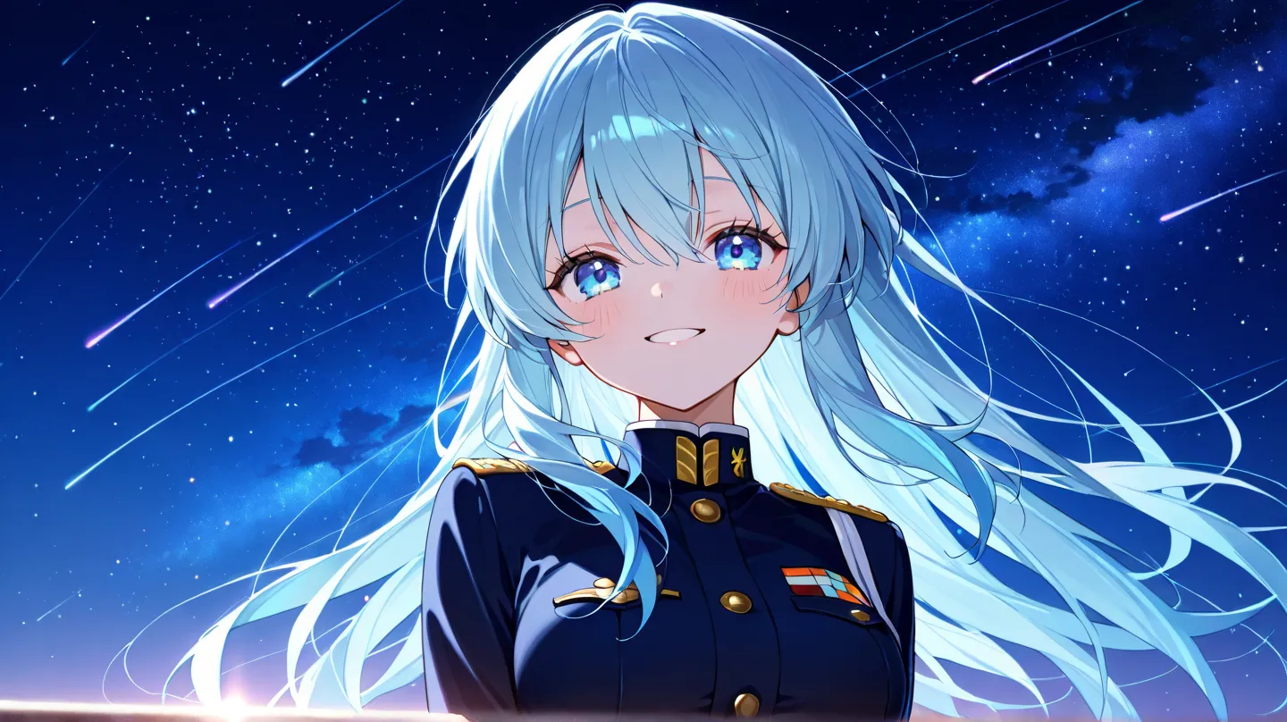 high resolution, 1 girl, medium breasts、uniform、Night Sky、light blue hair、 long hair、smile