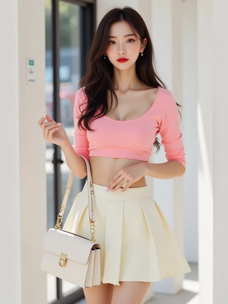 ((Medium Shot, Realistic Cinematic, 4K High Resolution))

A confident Thai woman, 26 to 28 years old, stands alluringly in front of a sleek office building at night. Her sharp, well-defined features—high cheekbones, a softly sculpted jawline, and full, nat...