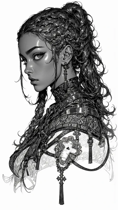 Detailed Drawing of a Woman with Intricate Braids，Detailed and Exquisite。Sharp Eyes and Rich Expression。Deep Spiritual，Exudes a Protective Feeling。Former Dark Skin，Mysterious figure，Reminiscent of Lost Black and White and Sketch Style。