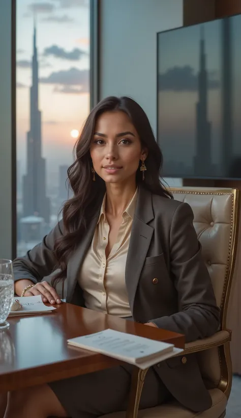 (masterpiece, ultra-detailed, cinematic, ultra-luxury business meeting in Dubai, high resolution, ((A confident and effortlessly elegant female travel influencer, 23 to 28 years old, laughing softly, bright expressive eyes, long wavy dark brown hair styled...