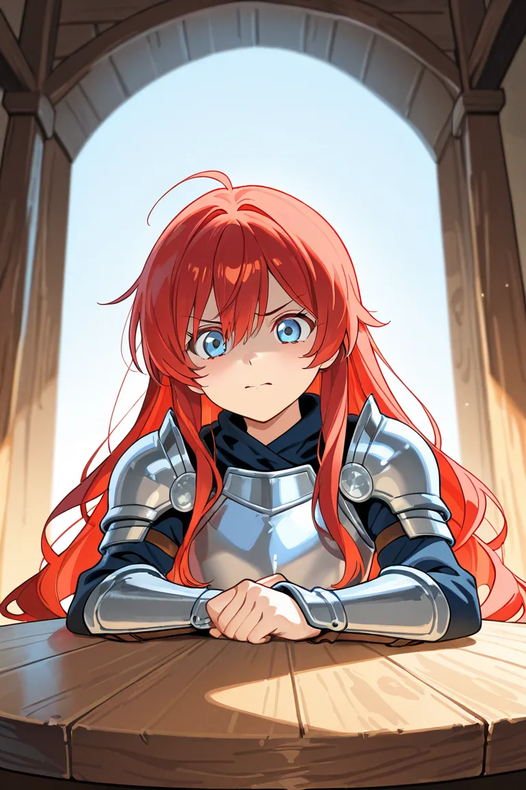  red long hair, blue eyes,Wearing a bit of medieval armor,sitting at a round table,silver armor,Clear eyes,,are hurting my jaw,