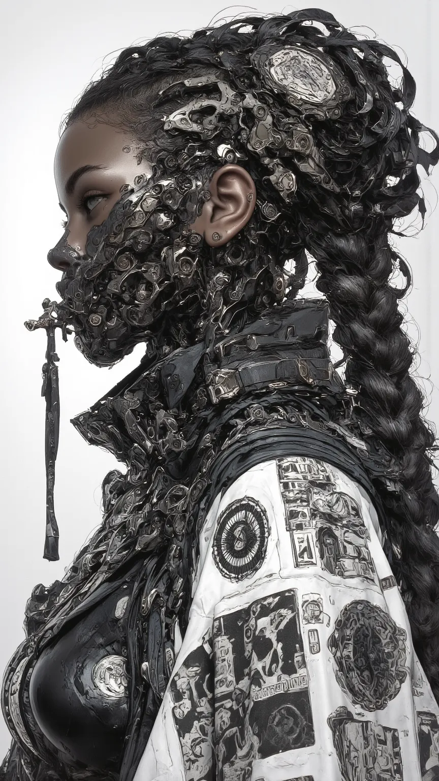 Detailed Drawing of a Woman with Intricate Braids，Detailed and Exquisite。Sharp Eyes and Rich Expression。Deep Spiritual，Exudes a Protective Feeling。Former Dark Skin，Mysterious figure，Reminiscent of Lost Black and White and Sketch Style。