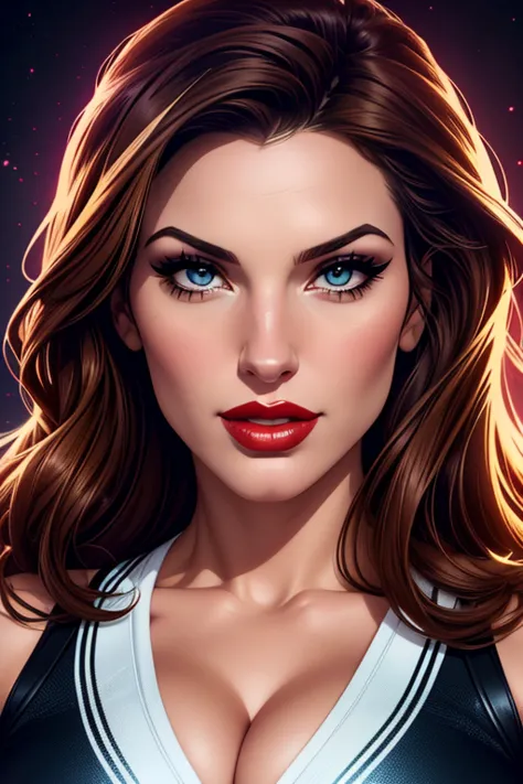 A beautiful female whose facial features are a combination of Juliana Harkavy + Kelly Brook. The female has lovely makeup on her face. The female wears red lipstick. Comic-style realism animation mixed with digital painting. Polished and realistic effect. ...