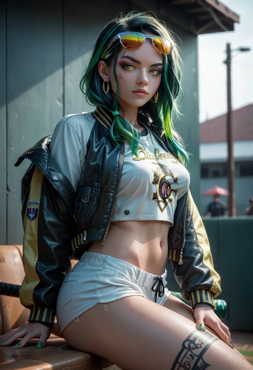 1girl,baseball_bat,black_jacket,earrings,expressionless,eyewear_on_head,fingernails,jacket,jewelry,nail_polish,solo,sunglasses,masterpiece,absurdres,detailed eyes,detailed face,raytracing,highly detailed,green hair,two-tone hair,streaked hair,medium hair w...