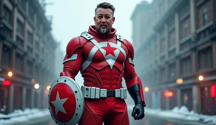 A full-body, realistic, and cinematic portrayal of Red Guardian (Alexei Shostakov), standing confidently in a battle-ready stance. Middle-aged, with a thick beard and a strong, rugged face. He is wearing a bright red superhero suit with bold white lines cr...