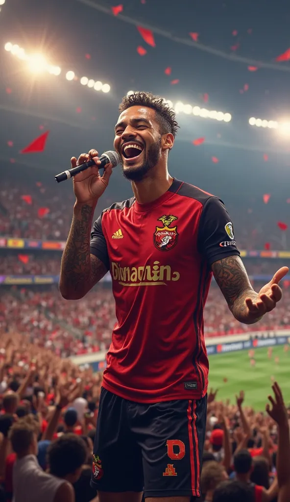 Create a realistic and lively image of Neymar Jr.  wearing the Flamengo jersey , singing animatedly into a microphone. He wears the traditional red-black jersey, Gesturing the microphone with one hand and gesturing with the other, as if he were at a concer...