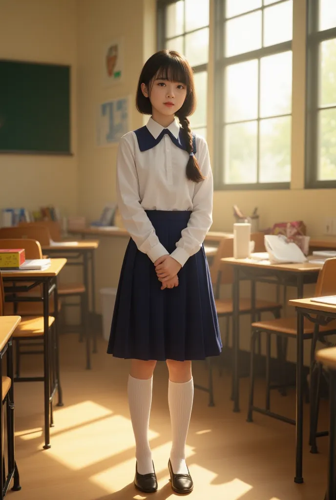 1 girl,
 Long Sleeve School Uniform 、 skirt、white high socks
school classroom