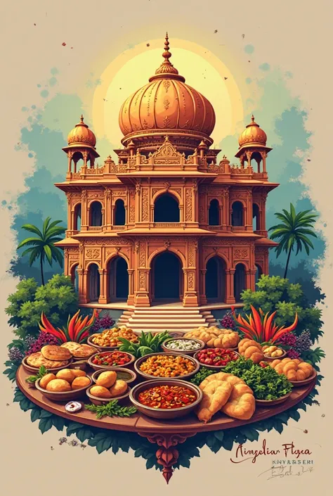 Make a logo in palace in top of indian food , in middle 'Food Palace 'text