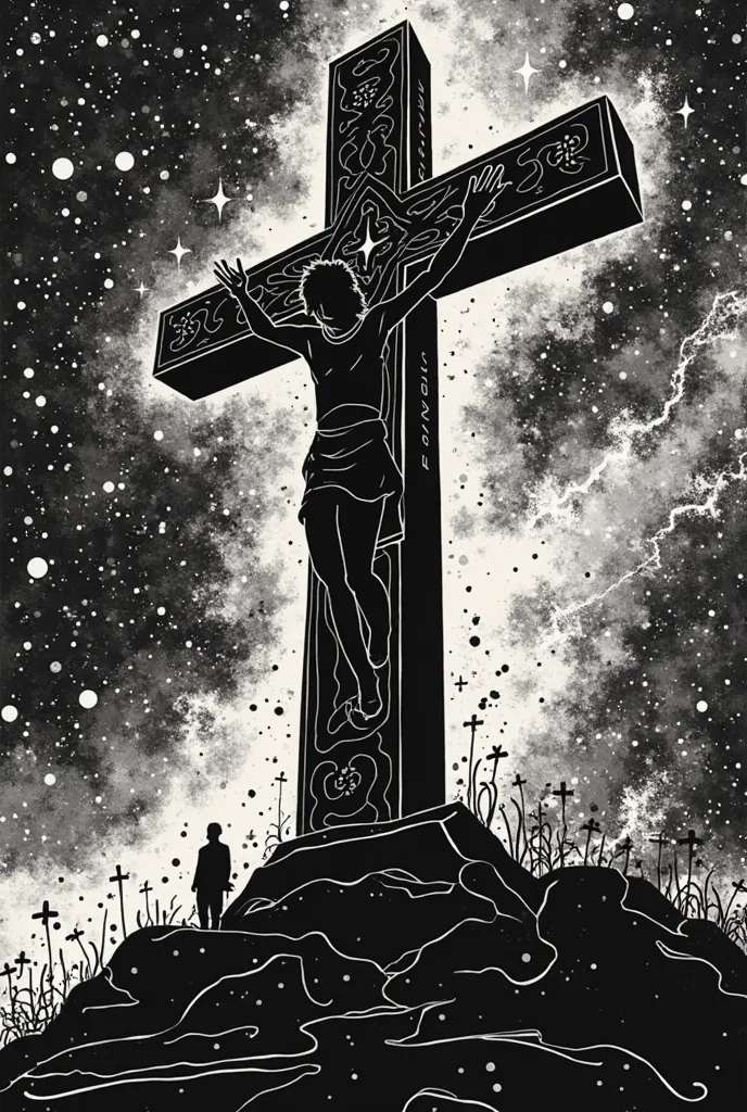 inspired by Andrew Warhola//silkscreen art//Contemporary Art//psychedelic//Jesus Christ's cross// monotone//Black and White//are shooting stars in the background/Lots of meteors//