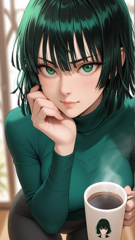 One Punch Man,Character Fubuki  ,Good drawing of the face.In a green turtleneck and Leggings , drinks coffee.