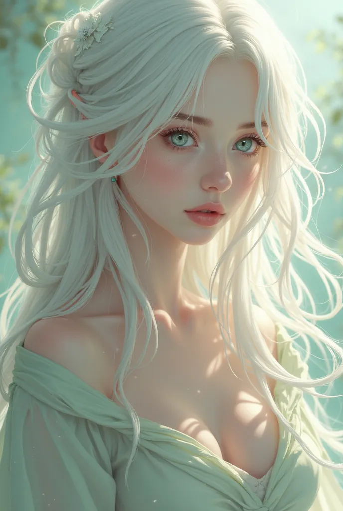 Woman 22 years old white long hair green eyes  anime